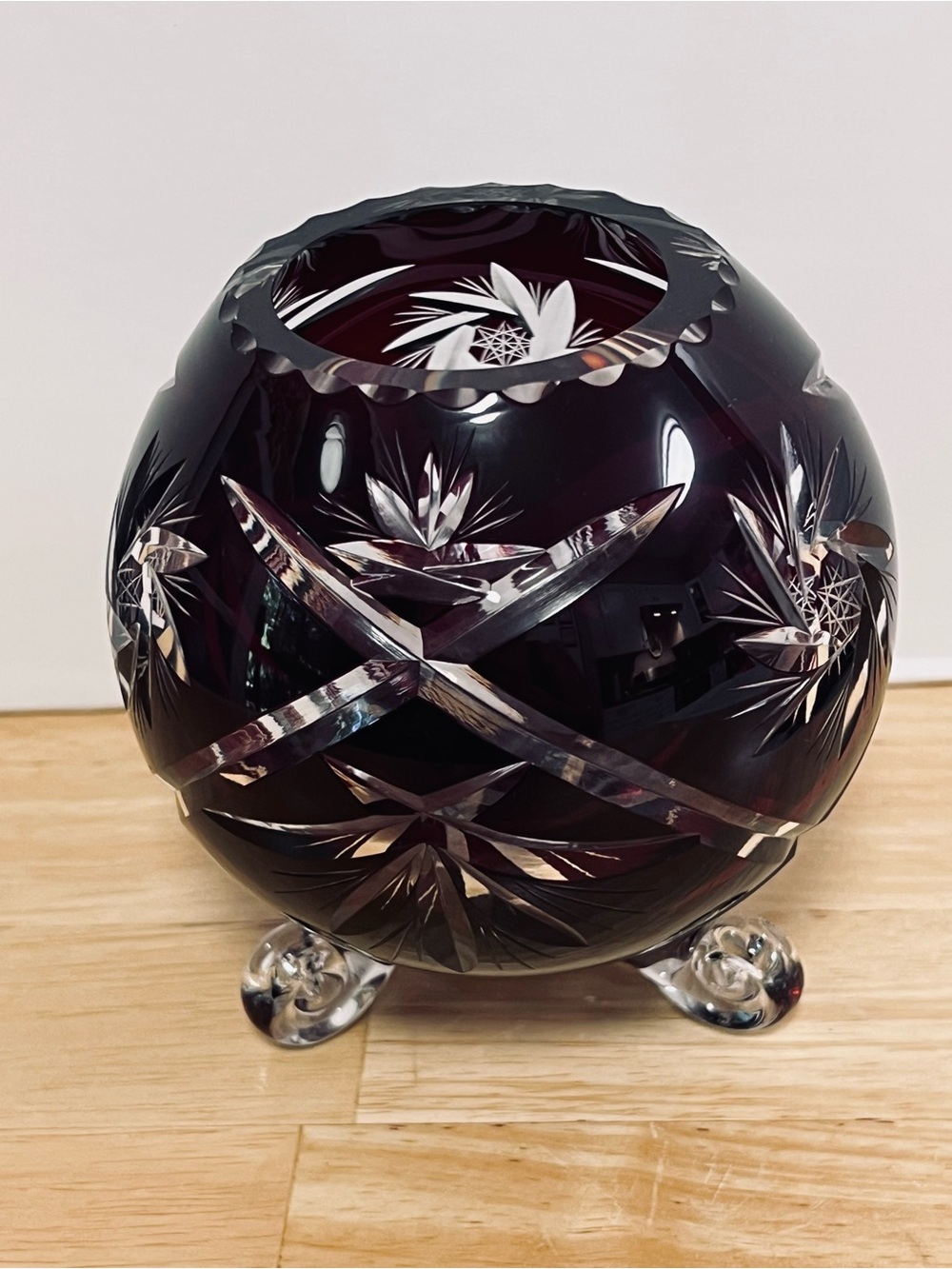 Vintage Bohemian Czech Cranberry Cut To Clear Crystal Rose Bowl Vase 5” - Picture 1 of 8